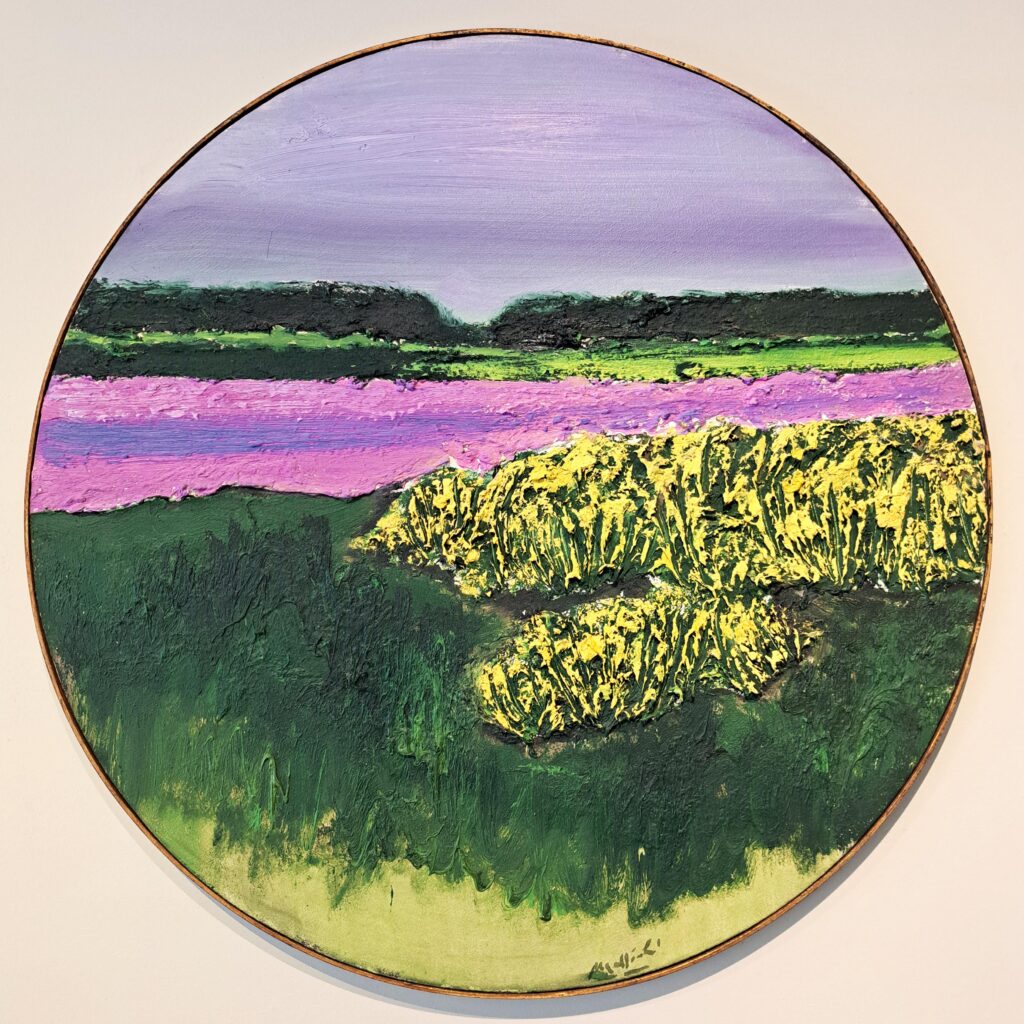 Galleria13, Carlo Mattioli, Paesaggio 1986, olio su tela, diametro 70 cm