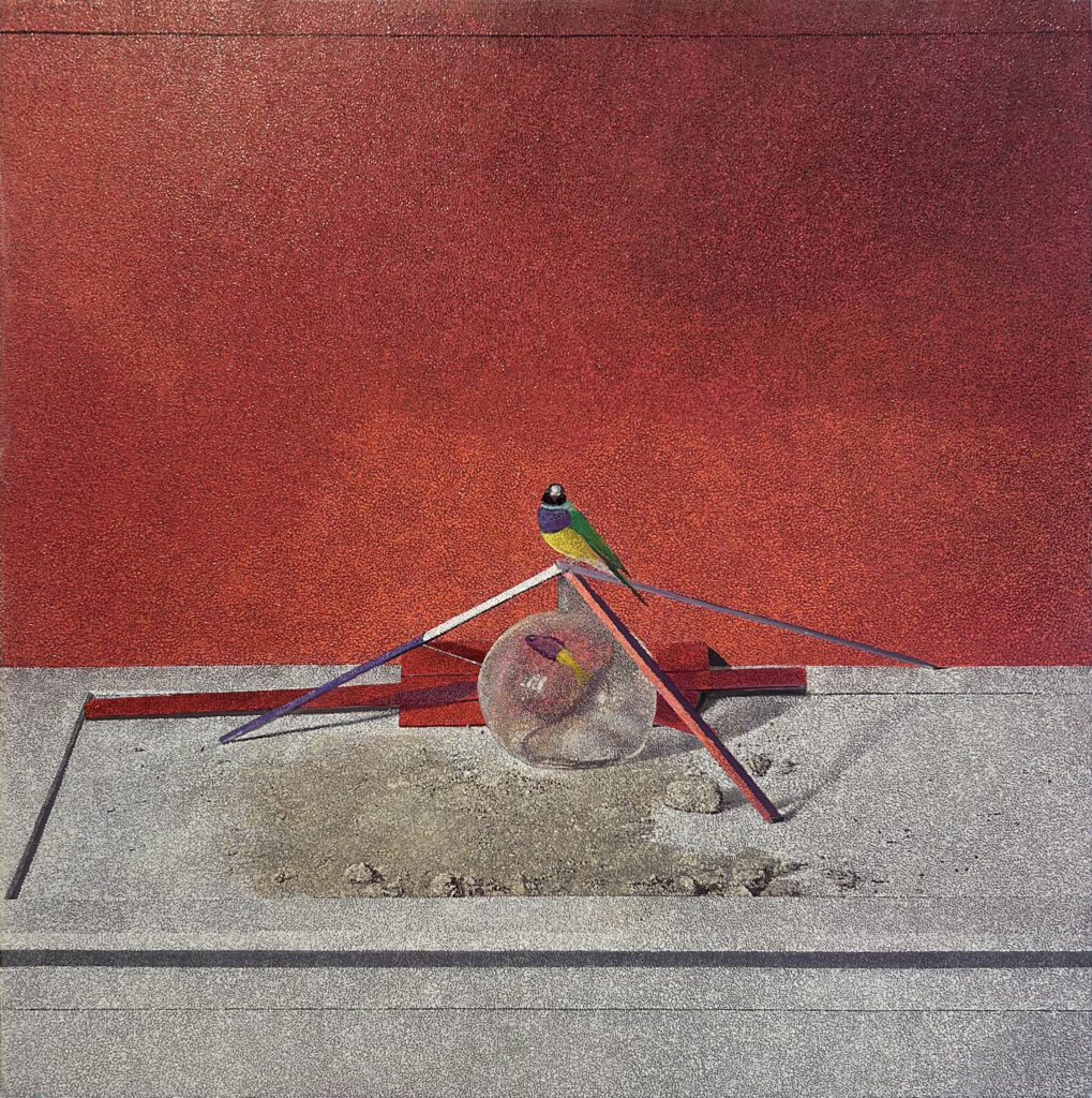 Alessio Vaccari, Geometrie in rosso 2024, olio su tavola 40x40 cm, Galleria13 b
